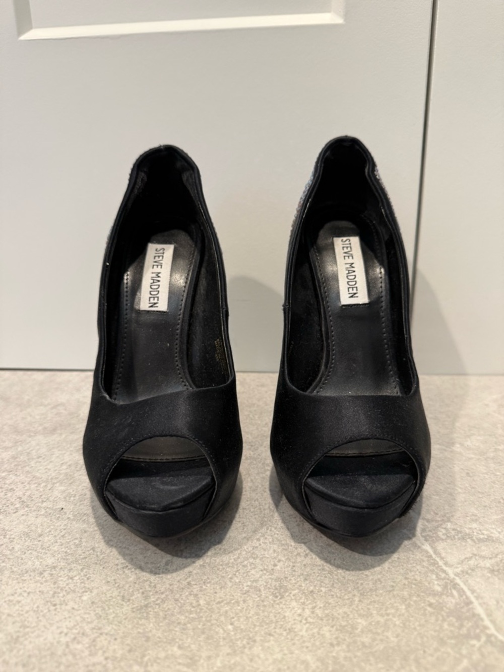 Steve Madden Black Satin Peep-Toe Platform Pumps